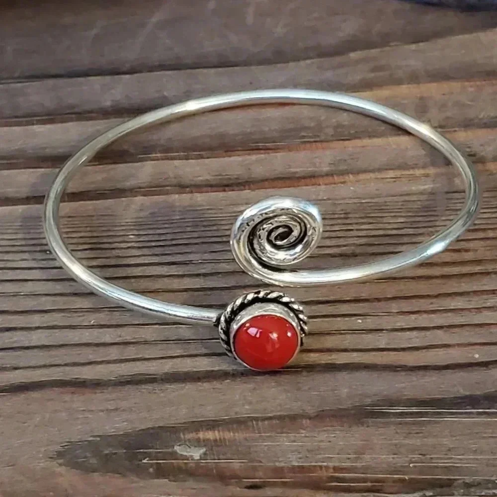 Handcrafted Red Coral Swirl Gemstone Sterling Silver Overlay Artisan Cuff Bracel